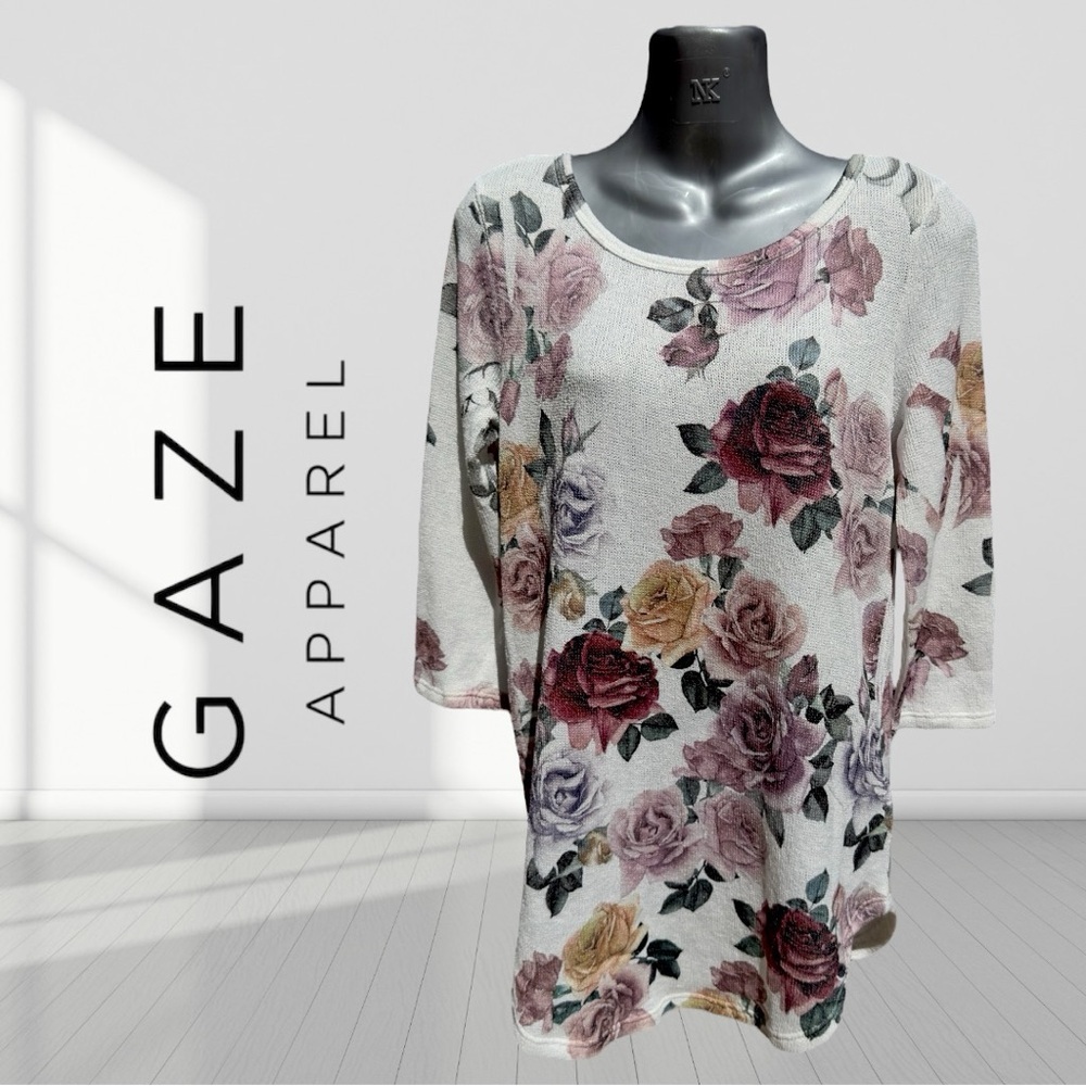 -Gaze . Womens Floral Print 3/4 Sleeve Crew Neck Casual sweater Size Medium